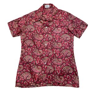 Vintage Shirt 70s Paisley Button Up Shirt Royal Pink Red Dagger Collar
